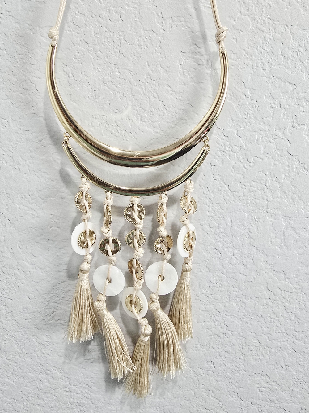 Chico's Statement Tassel Necklace Cream Gold Tone Shell Disc Adjustable NWT